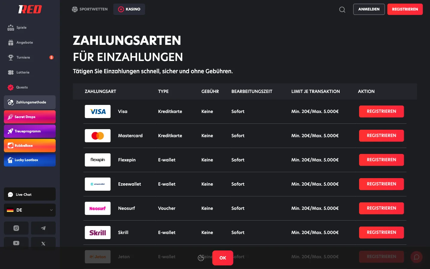 Zahlungsmethoden und Auszahlungen – 1Red